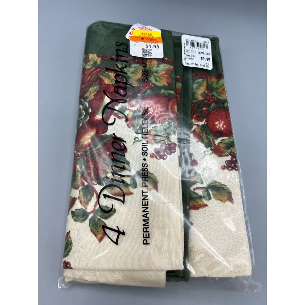 Bardwil Linens 4 Dinner Napkins Permanent Press Bountiful Orchard Soil Release